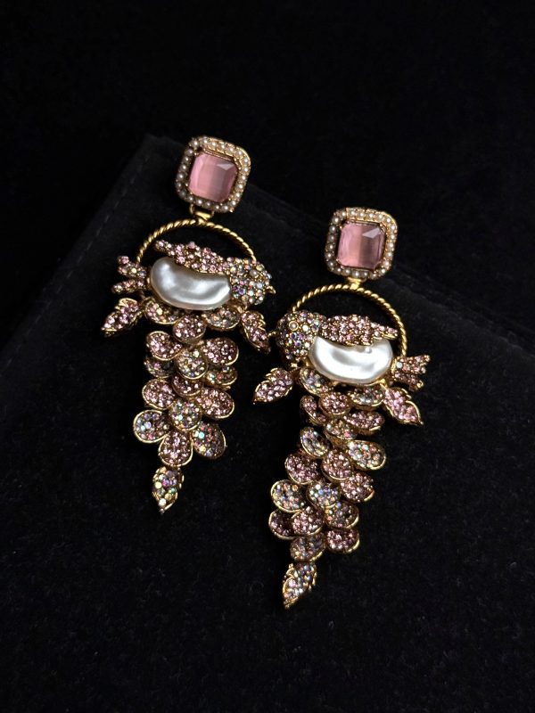 Fleur Orchard cascade earrings with crystals and a baroque pearl in Pink