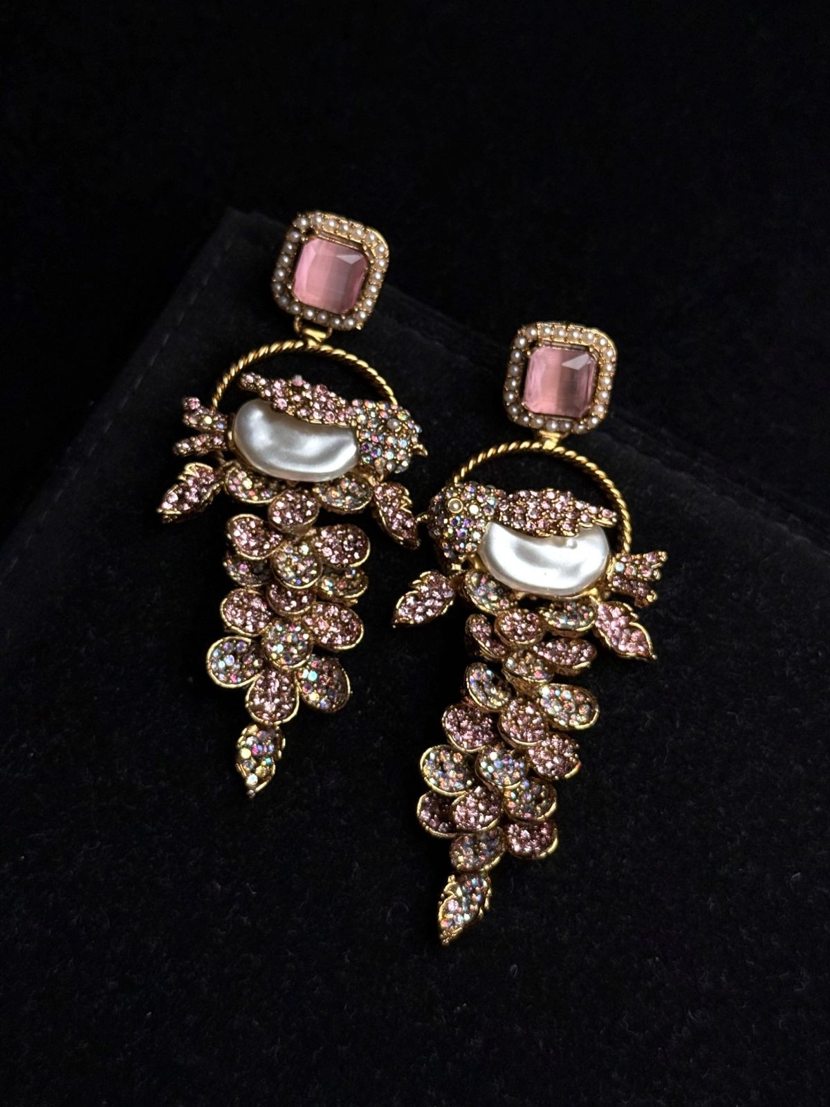 Fleur Orchard cascade earrings with crystals and a baroque pearl in Pink