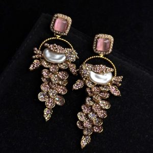 Fleur Orchard cascade earrings with crystals and a baroque pearl in Pink