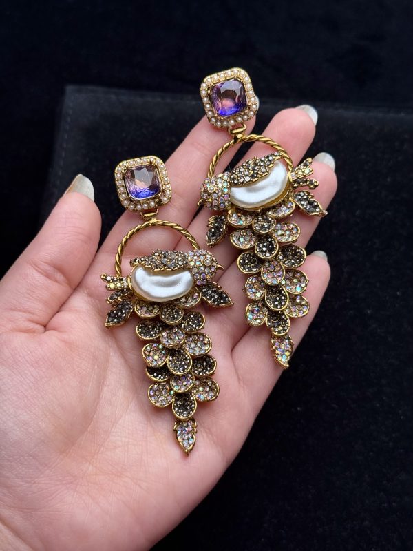 Fleur Orchard cascade earrings with crystals and a baroque pearl in purple