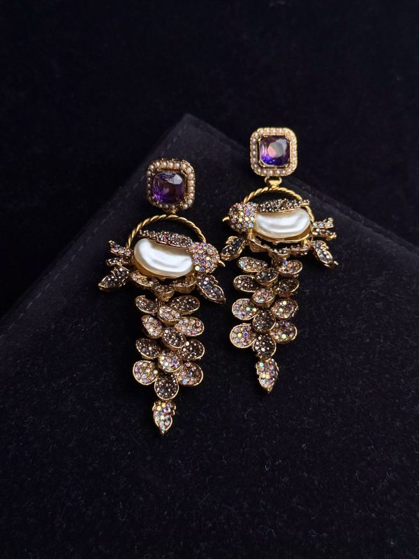 Fleur Orchard cascade earrings with crystals and a baroque pearl in purple
