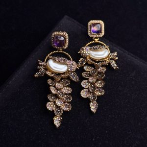 Fleur Orchard cascade earrings with crystals and a baroque pearl in purple