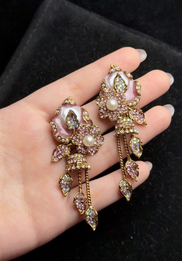 Garden Rosette Pearl & Crystal Drop Earrings Pink