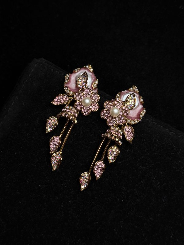 Garden Rosette Pearl & Crystal Drop Earrings Pink