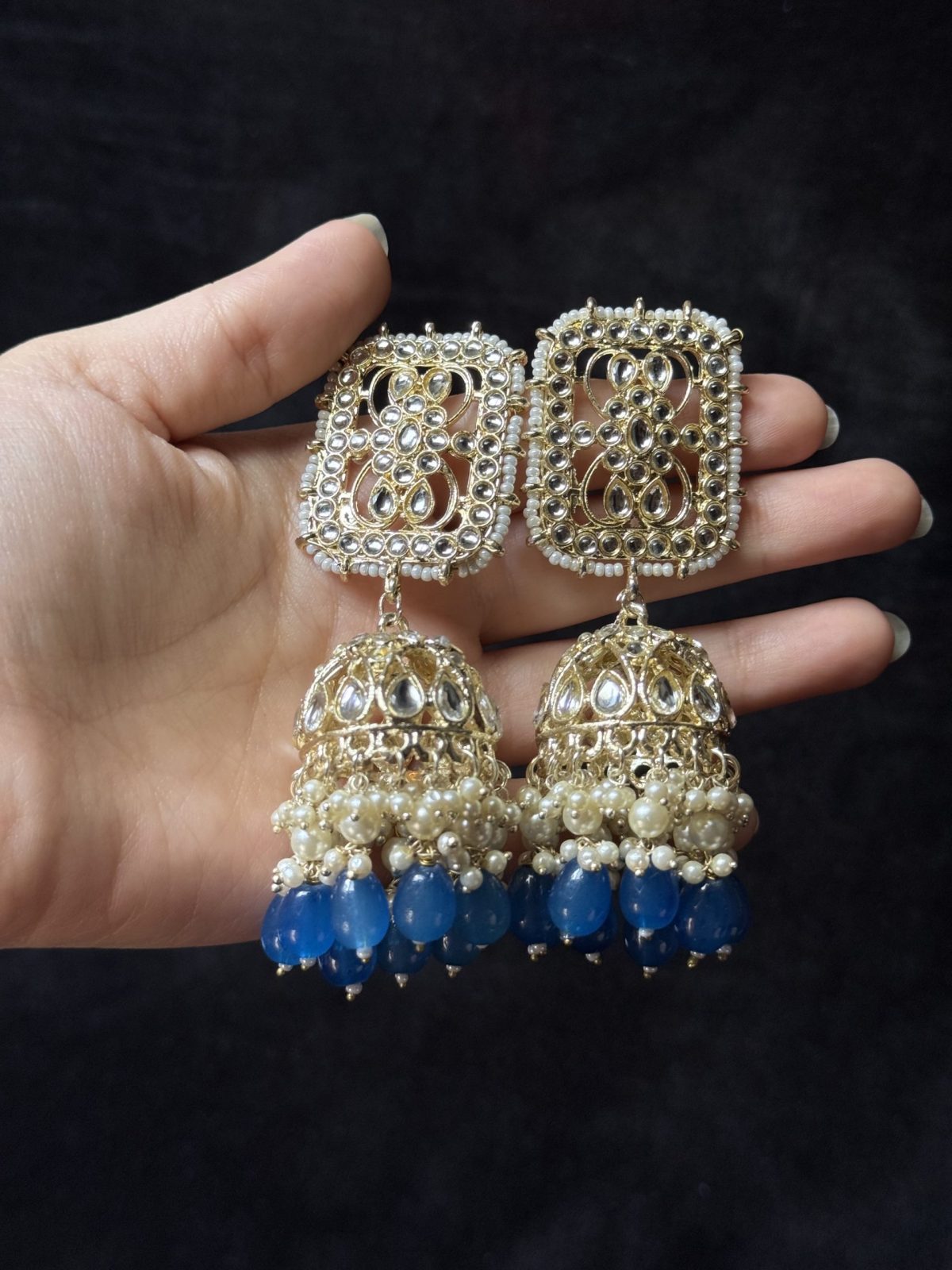 Azure Bloom Kundan Jhumka Earrings