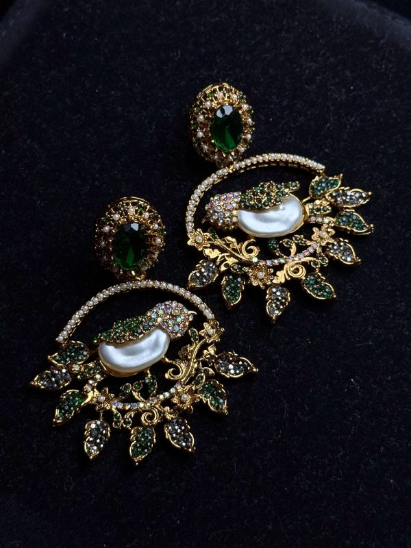Ornate filigree birdcage drop earrings with a pearl and crystals in Green
