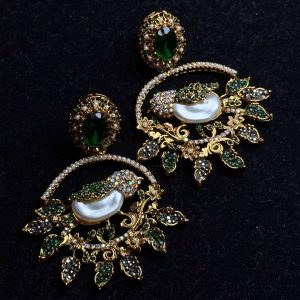 Ornate filigree birdcage drop earrings with a pearl and crystals in Green