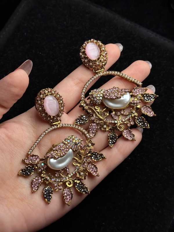Ornate filigree birdcage drop earrings with a pearl and crystals in Pastel pink