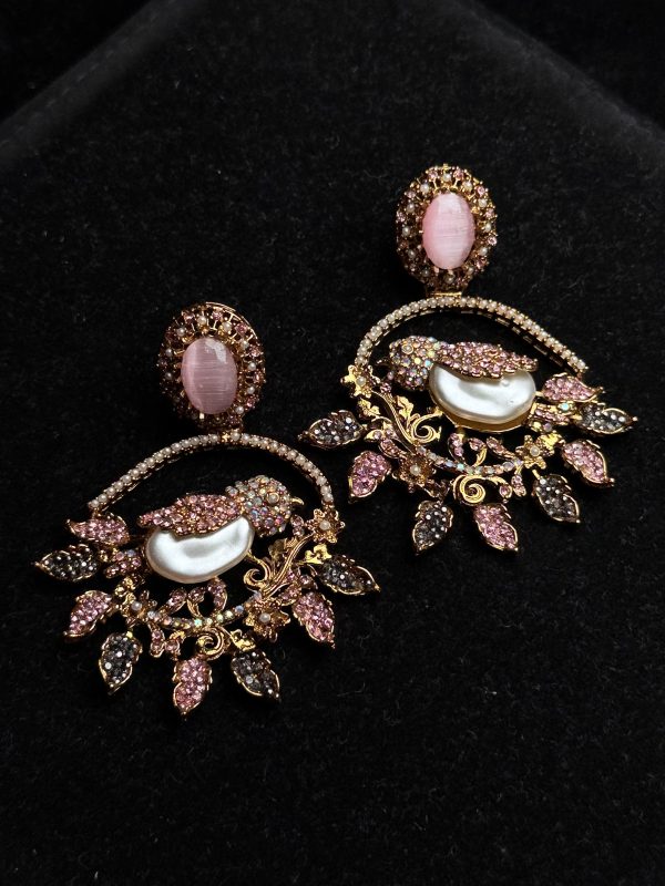 Ornate filigree birdcage drop earrings with a pearl and crystals in Pastel pink