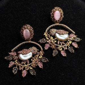 Ornate filigree birdcage drop earrings with a pearl and crystals in Pastel pink