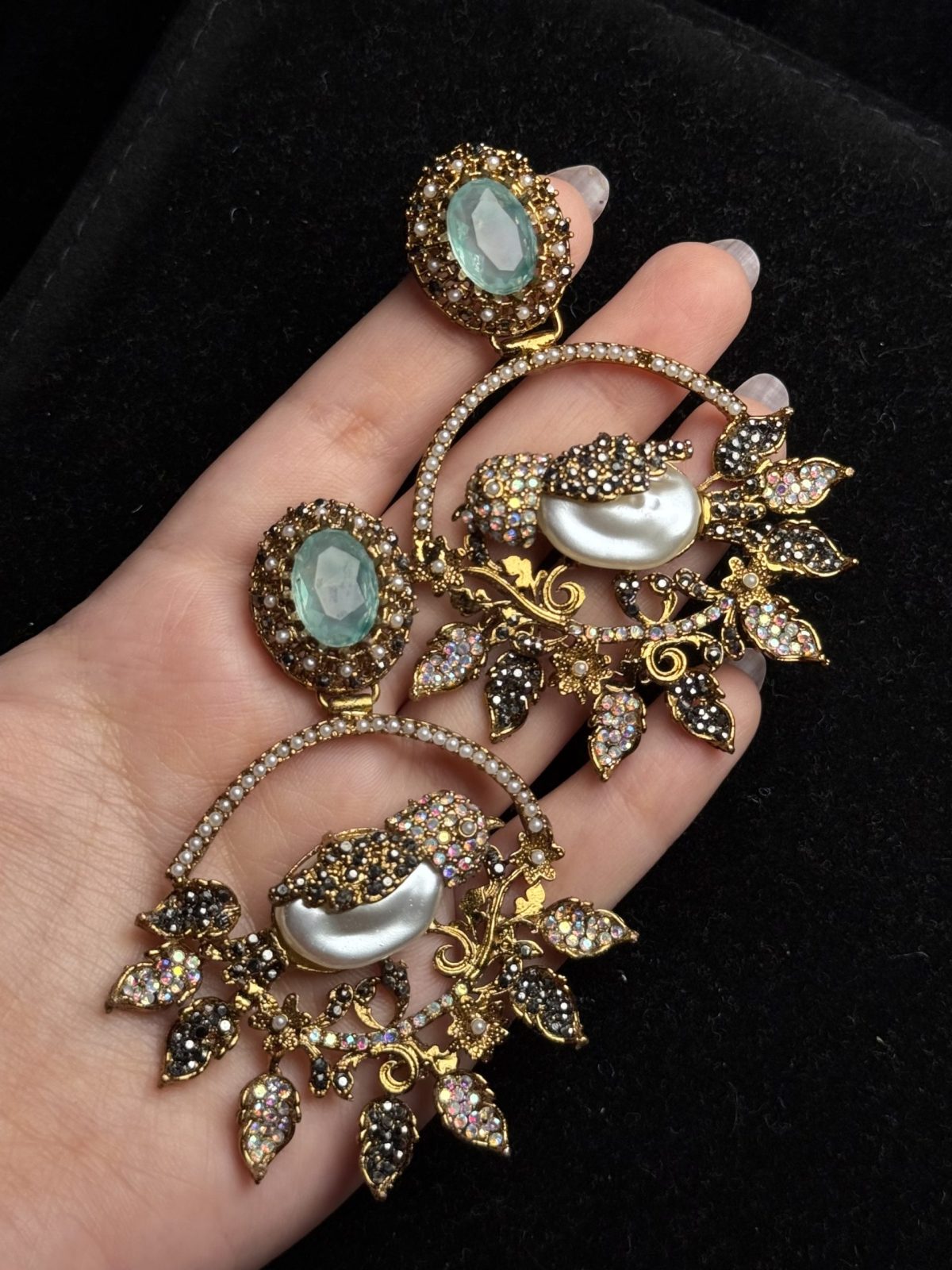 Ornate filigree birdcage drop earrings with a pearl and crystals in Sea Green