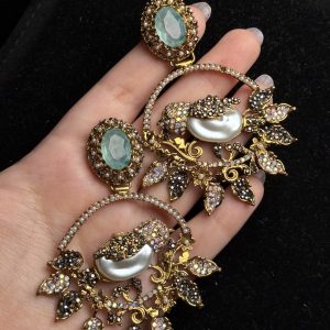 Ornate filigree birdcage drop earrings with a pearl and crystals in Sea Green
