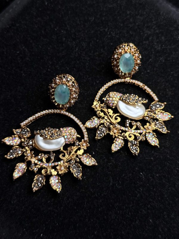 Ornate filigree birdcage drop earrings with a pearl and crystals in Sea Green