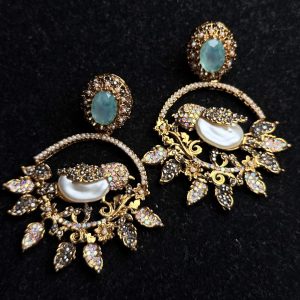Ornate filigree birdcage drop earrings with a pearl and crystals in Sea Green