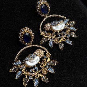 Ornate filigree birdcage drop earrings with a pearl and crystals in midnight blue