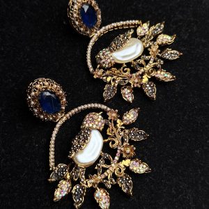 Ornate filigree birdcage drop earrings with a pearl and crystals in midnight blue with black