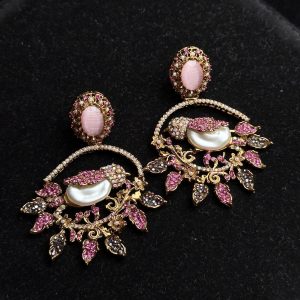 Ornate filigree birdcage drop earrings with a pearl and crystals in pink