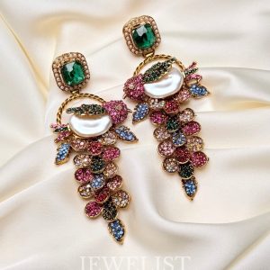 Fleur Orchard cascade earrings with crystals and a baroque pearl in green with multi