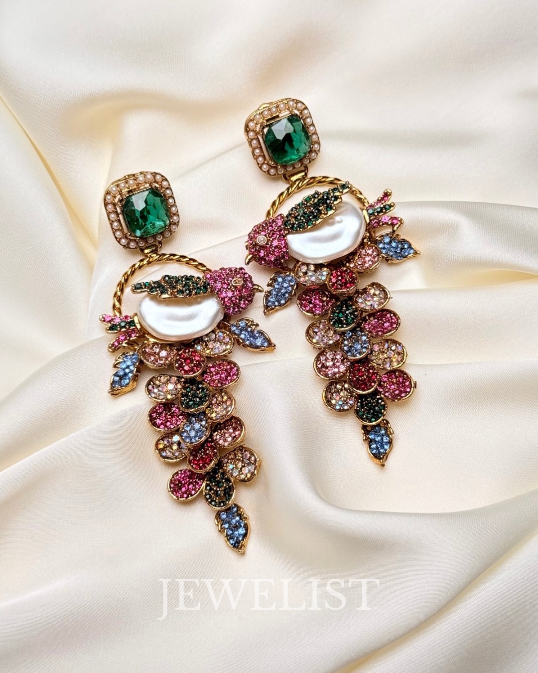 Fleur Orchard cascade earrings with crystals and a baroque pearl in green with multi