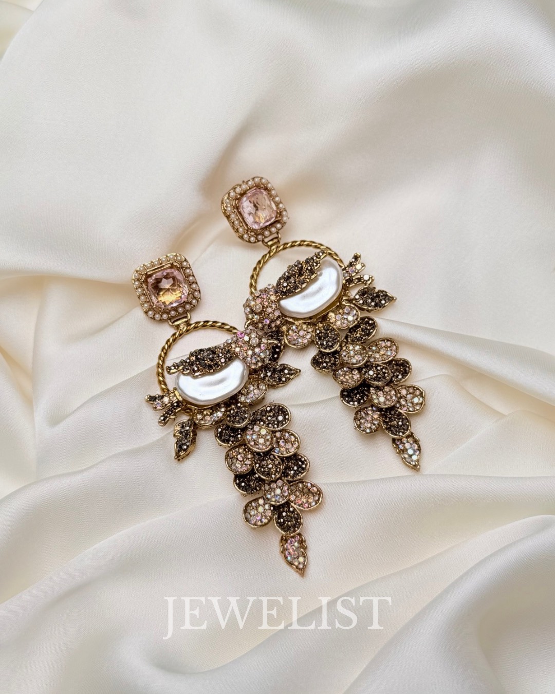 Fleur Orchard cascade earrings with crystals and a baroque pearl in pink