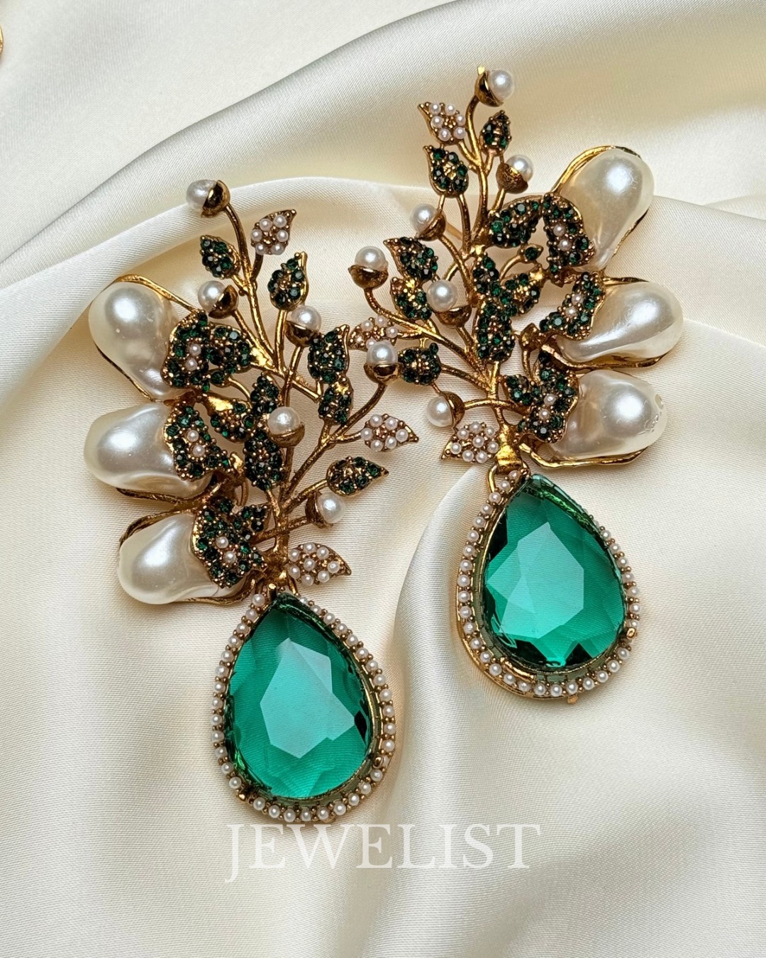 Elora Bloom Pearl & Gem Drop Earrings Emerald Green