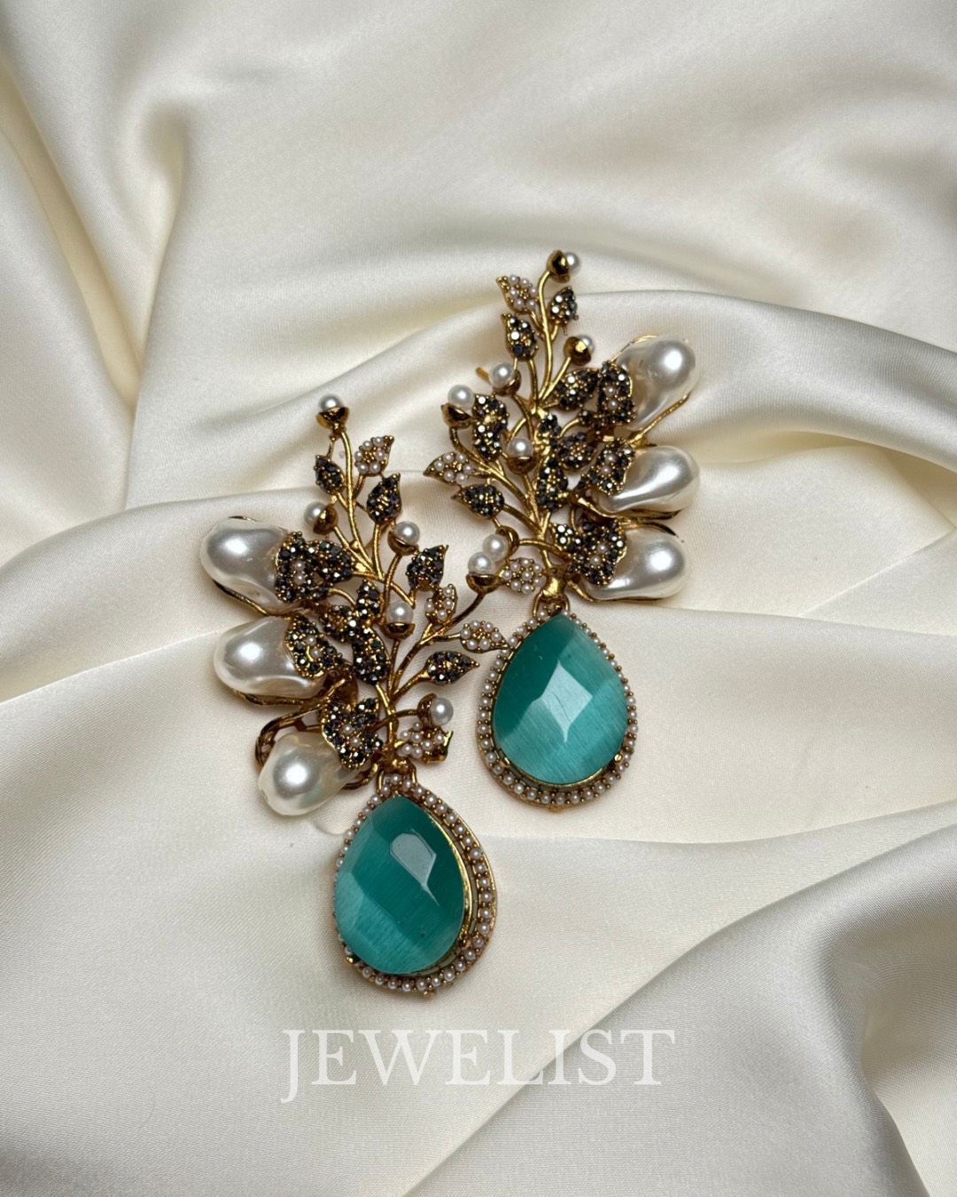 Elora Bloom Pearl & Gem Drop Earrings sea green