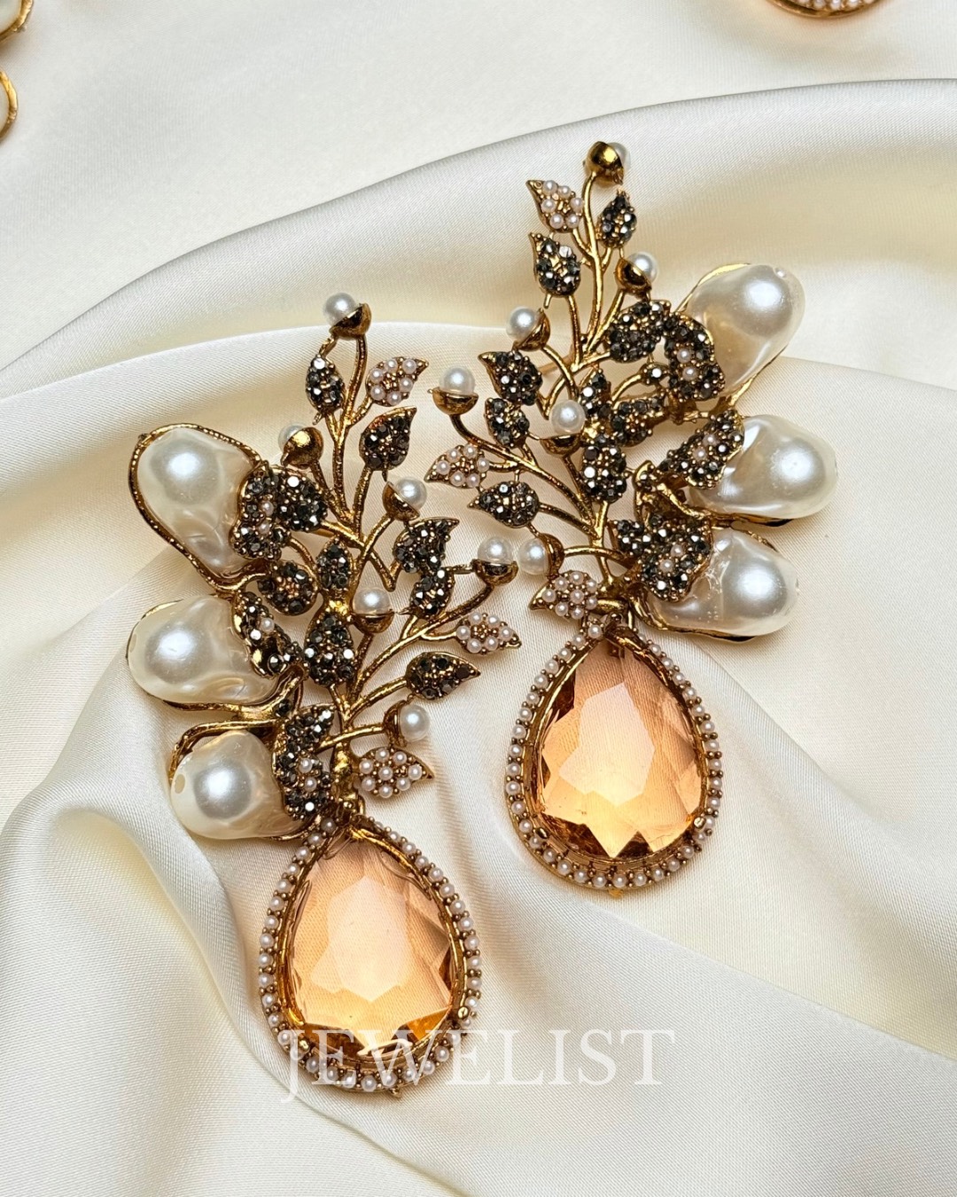 Elora Bloom Pearl & Gem Drop Earrings Champagne