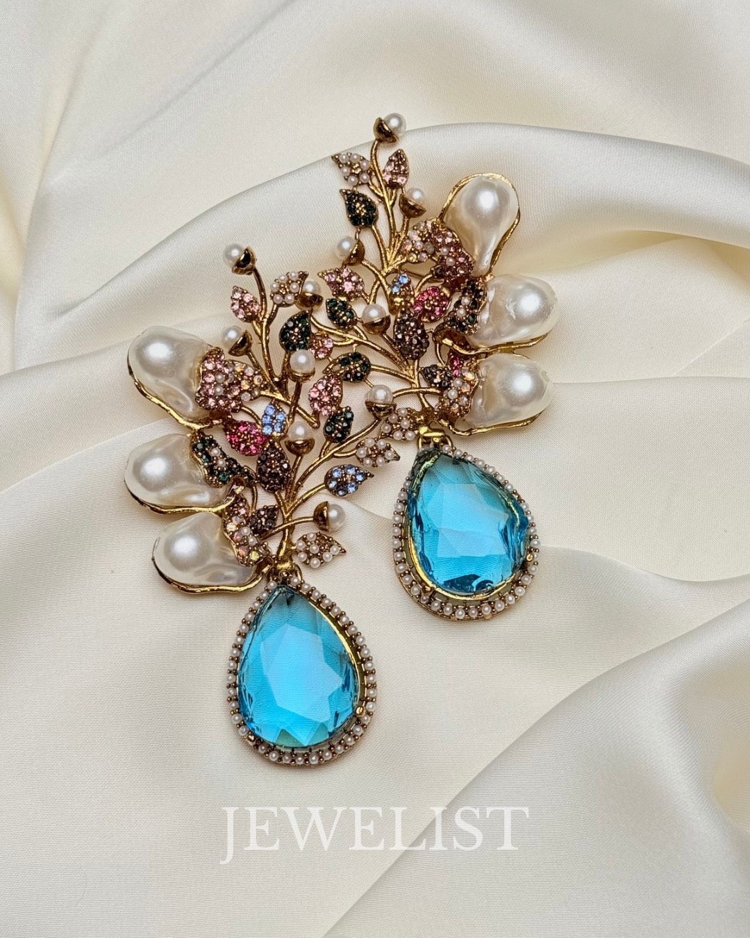 Elora Bloom Pearl & Gem Drop Earrings Aqua/Multi
