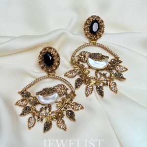 Filigree Birdcage Drop Earrings – Black Gemstone Stud with Gold Filigree – Jewelist.pk
