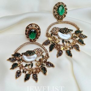 Filigree Birdcage Drop Earrings – Green Bird Motif in Gold Cage – Jewelist.pk