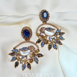 Filigree Birdcage Drop Earrings – Blue with Crystal Leaf Accents – Jewelist.pk