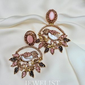 Filigree Birdcage Drop Earrings – Pastel Pink Crystal Leaf Design – Jewelist.pk