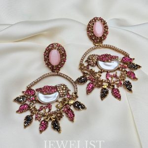 Filigree Birdcage Drop Earrings – Pink with Pearl Bird Motif – Jewelist.pk