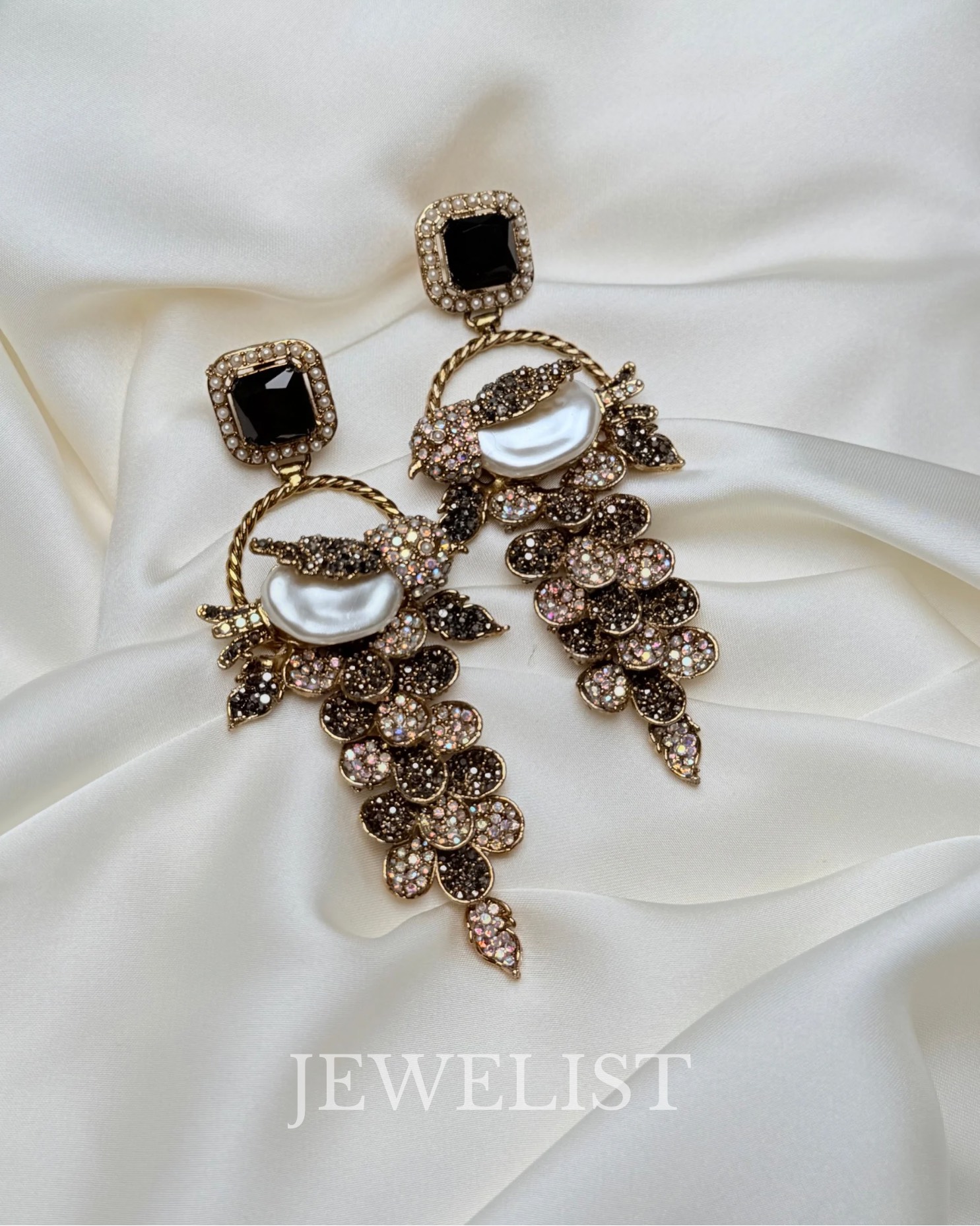 Fleur Orchard cascade earrings with crystals and a baroque pearl in black
