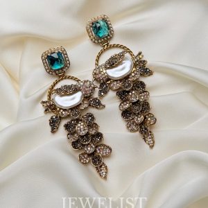 Fleur Orchard cascade earrings with crystals and a baroque pearl in green