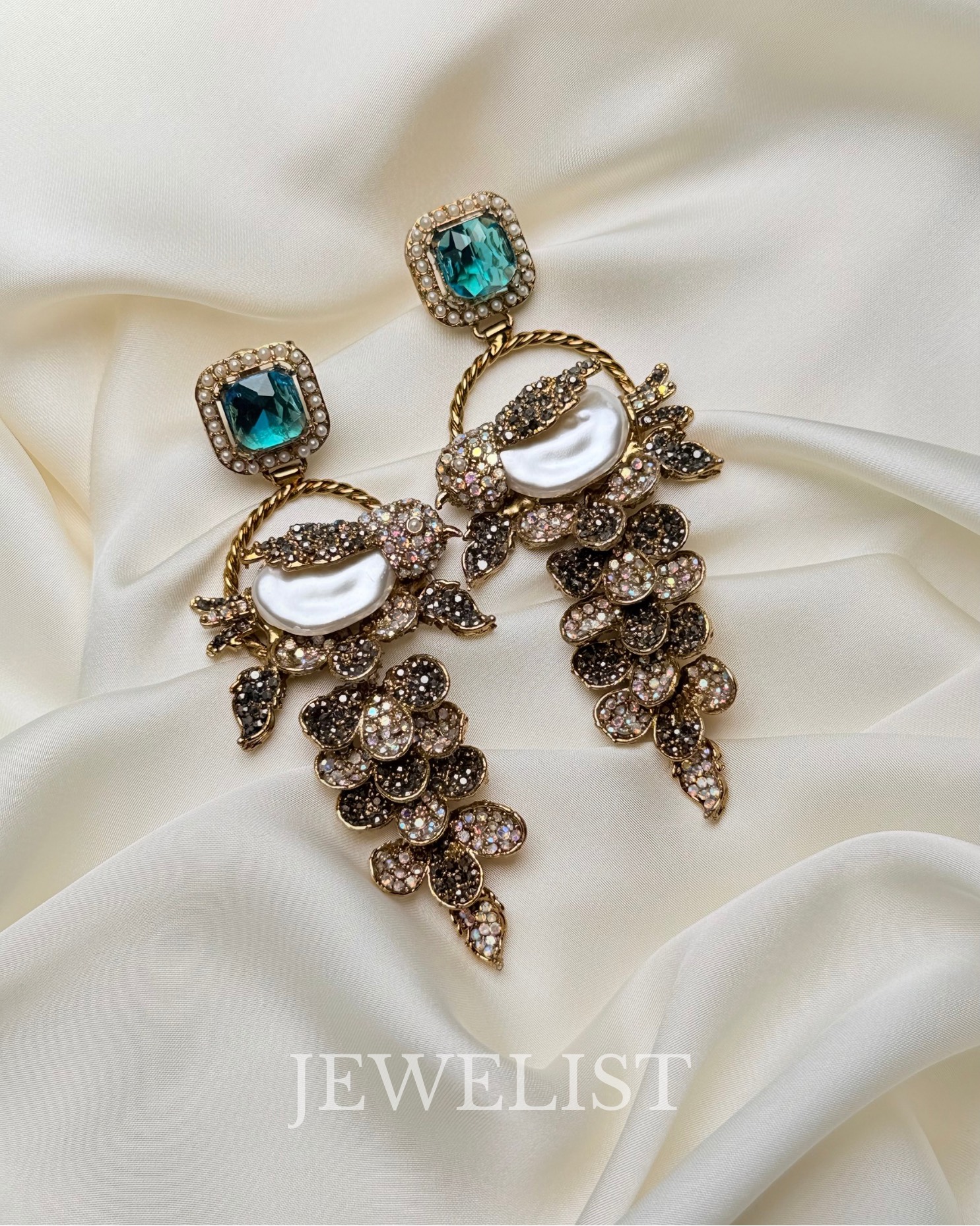 Fleur Orchard cascade earrings with crystals and a baroque pearl in green