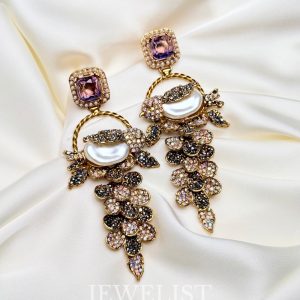 Fleur Orchard cascade earrings with crystals and a baroque pearl in purple