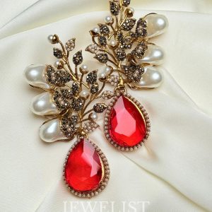 Elora Bloom Pearl & Gem Drop Earrings Red