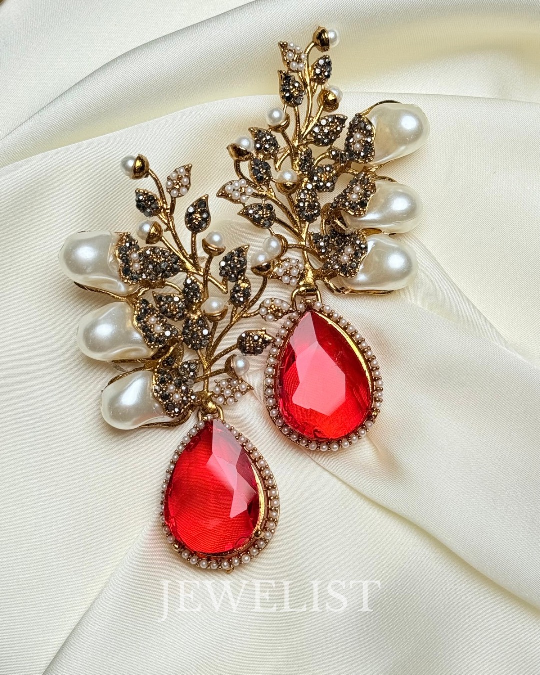 Elora Bloom Pearl & Gem Drop Earrings Red