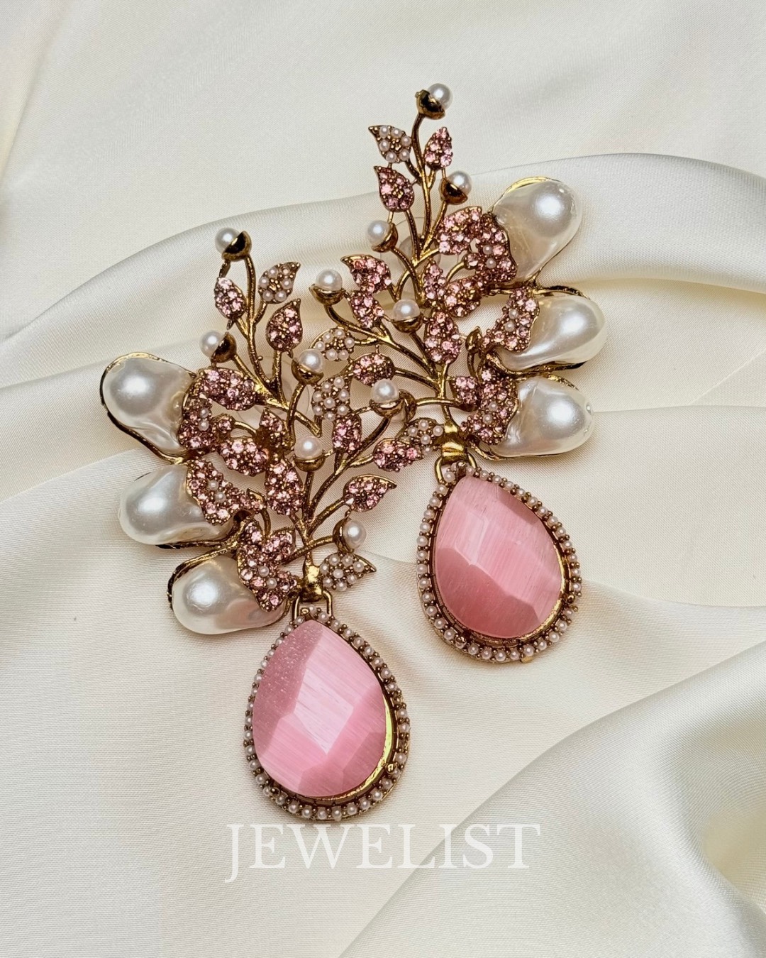 Elora Bloom Pearl & Gem Drop Earrings Baby Pink