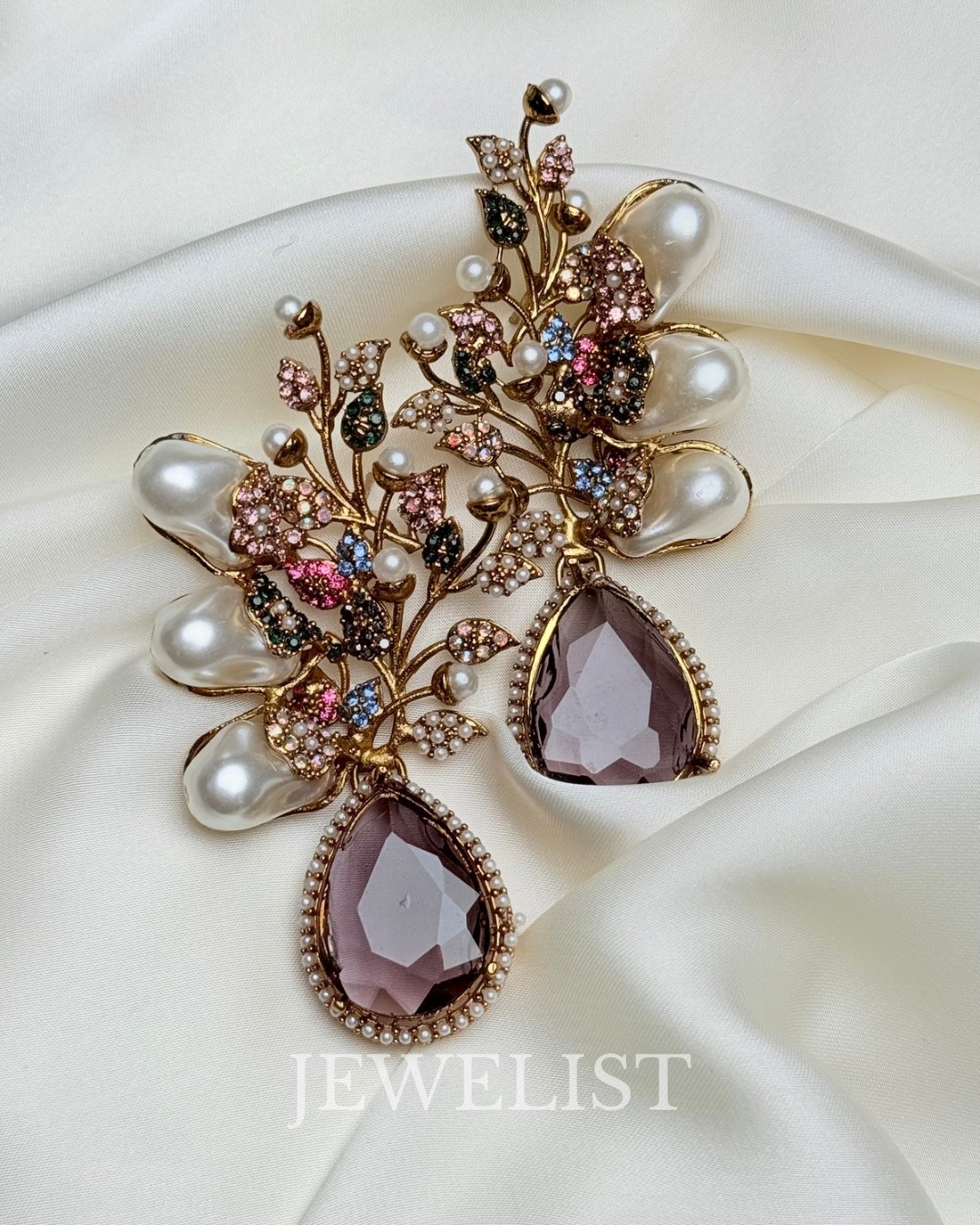 Elora Bloom Pearl & Gem Drop Earrings Plum