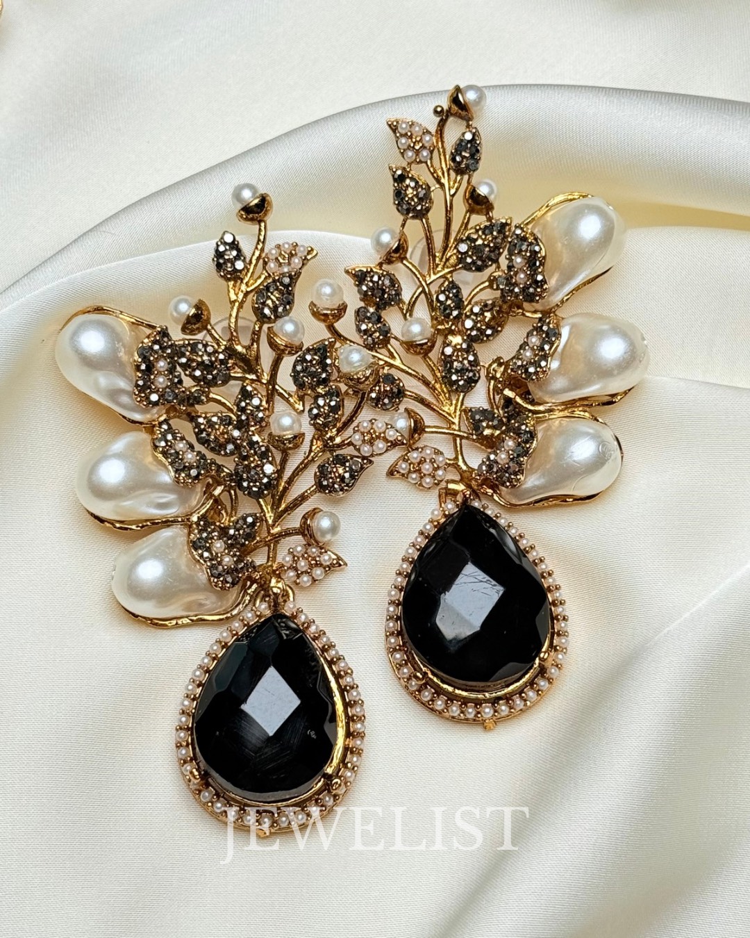 Elora Bloom Pearl & Gem Drop Earrings Black