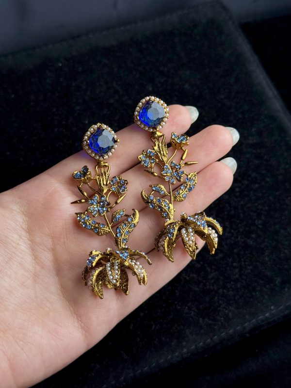 Lotus Bloom Crystal Cascade Earrings in Blue