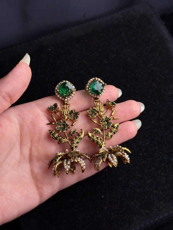 Lotus Bloom Crystal Cascade Earrings in Green