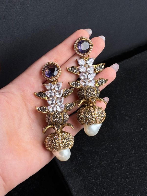 Opulent Cascade Crystal & Pearl Statement Earrings Purple
