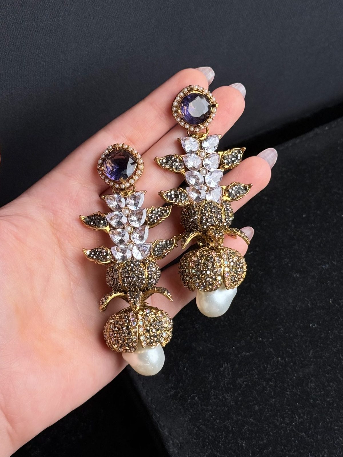 Opulent Cascade Crystal & Pearl Statement Earrings Purple