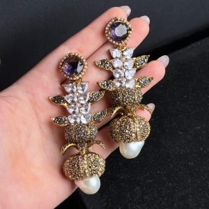 Opulent Cascade Crystal & Pearl Statement Earrings Purple