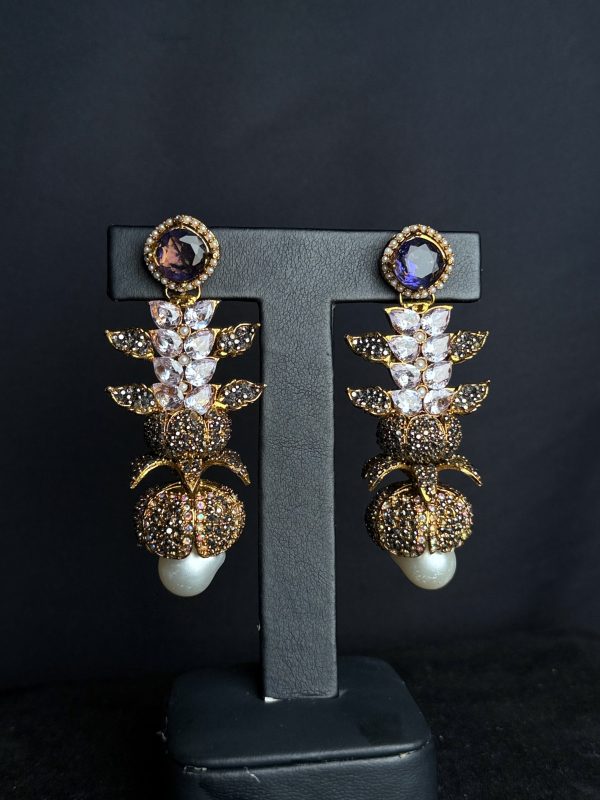 Opulent Cascade Crystal & Pearl Statement Earrings Purple