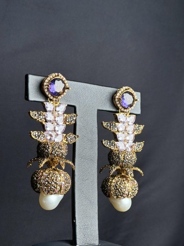 Opulent Cascade Crystal & Pearl Statement Earrings Purple