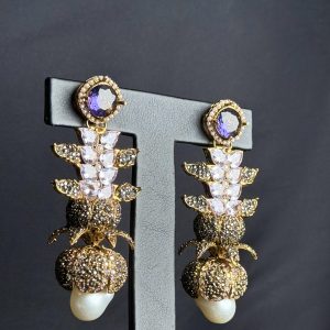 Opulent Cascade Crystal & Pearl Statement Earrings Purple